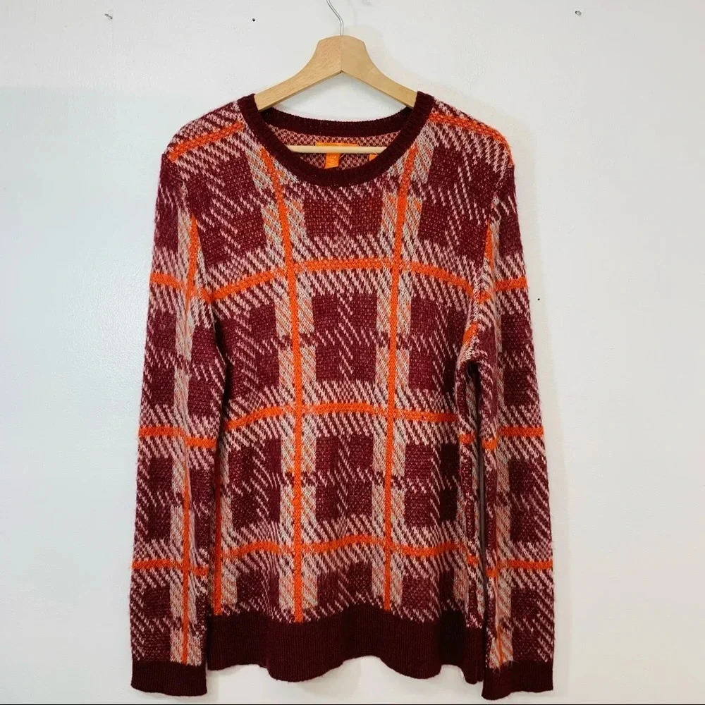 Joe Fresh‎ Sweater Woman Large Crew Neck Maroon Plaid Wool Mohair Nylon Soft NEW